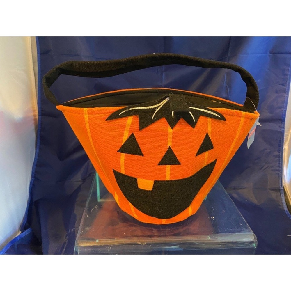 Place & Time Halloween Pumpkin Treat Bag Jack-O-Lantern Fabric Bucket Orange